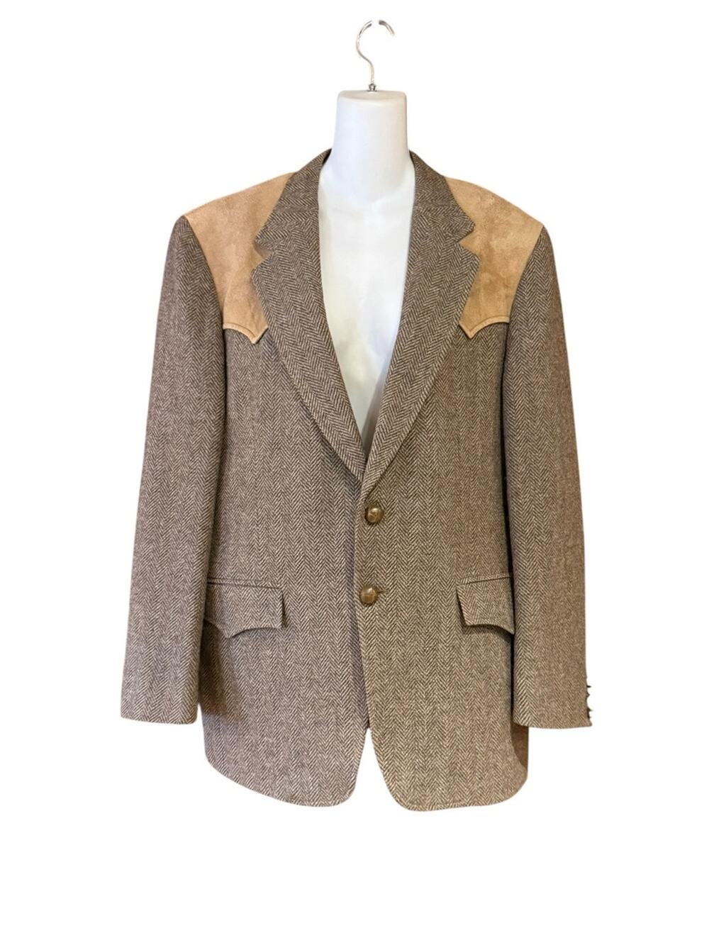 Vintage Anthony’s Men's 42 Brown Western Herringbone Blazer with Tan Suede Yokes